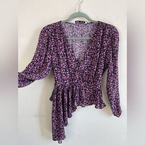 Zara Pink and Black Floral V-Neck Blouse